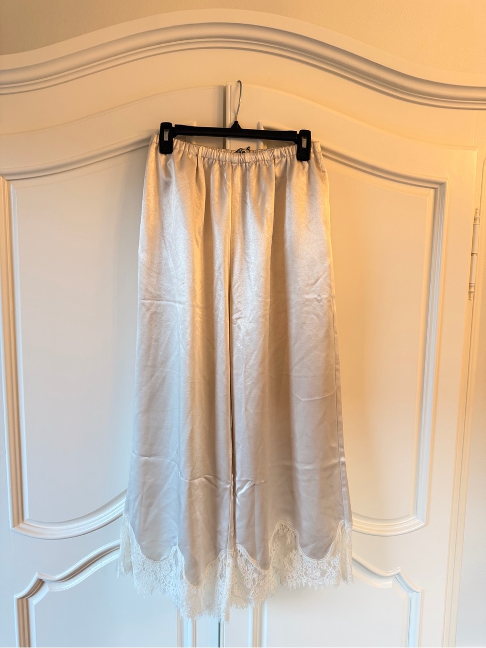 Cream Satin Wide-Leg Trousers with Lace Trim